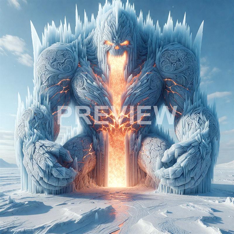 The image depicts an enormous, mythical ice giant with a muscular build, standing in a snowy, icy landscape. The giant's body appears to be made of ice and snow, with intricate swirling patterns on its arms and shoulders, and jagged ice formations protruding from its back. Its mouth is open wide, emitting a blazing, fiery glow that seems to flow downward through its torso, creating a stark contrast between the icy exterior and the fiery interior, with glowing cracks running across its body.
